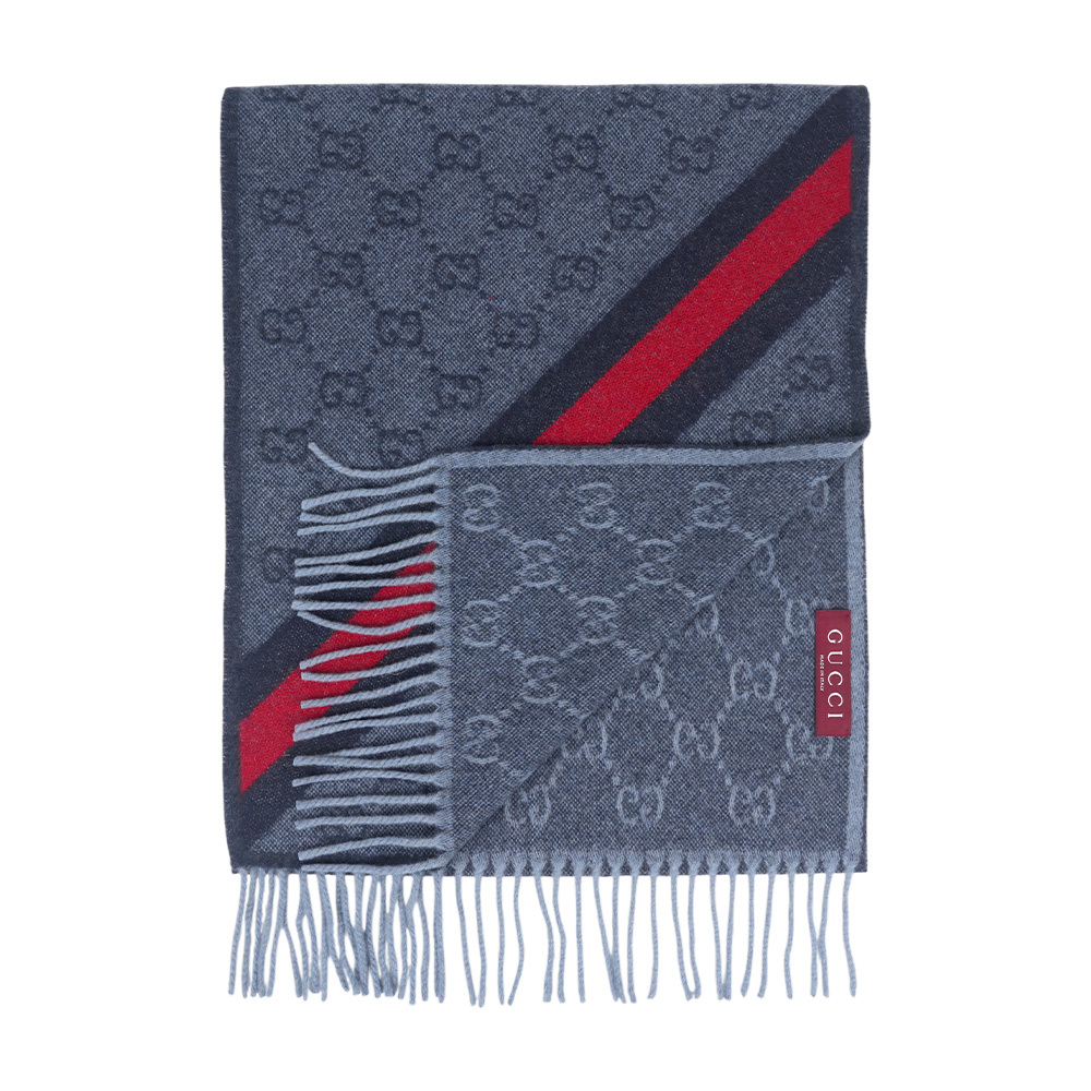 【GUCCI】GG Logo 藍紅斜條紋羊毛圍巾(深灰色)