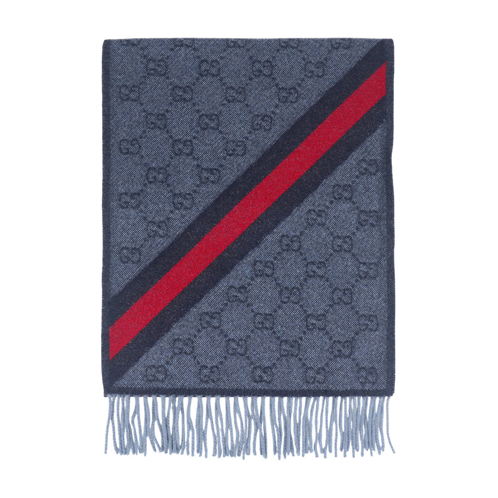 【GUCCI】GG Logo 藍紅斜條紋羊毛圍巾(深灰色)