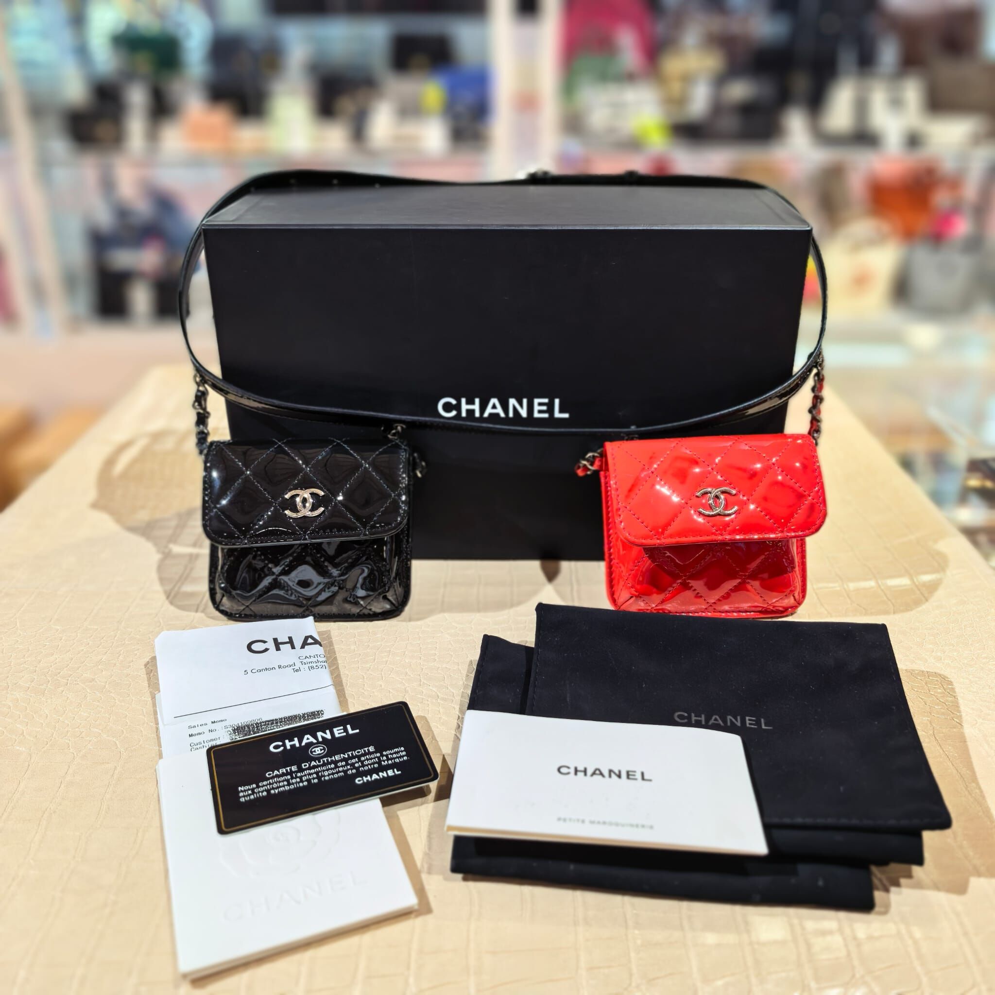 95%NEW二手CHANEL腰包,Double Mini Flap, Waist Bag, (黑/紅色,漆皮), #雙迷你腰包, #香榭站正品