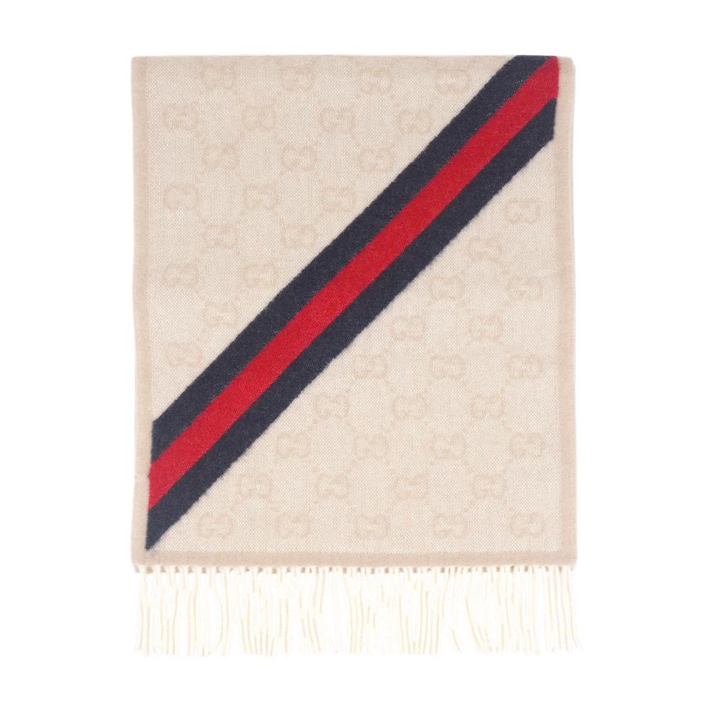 【GUCCI】GG Logo 藍紅斜條紋羊毛圍巾(米色)