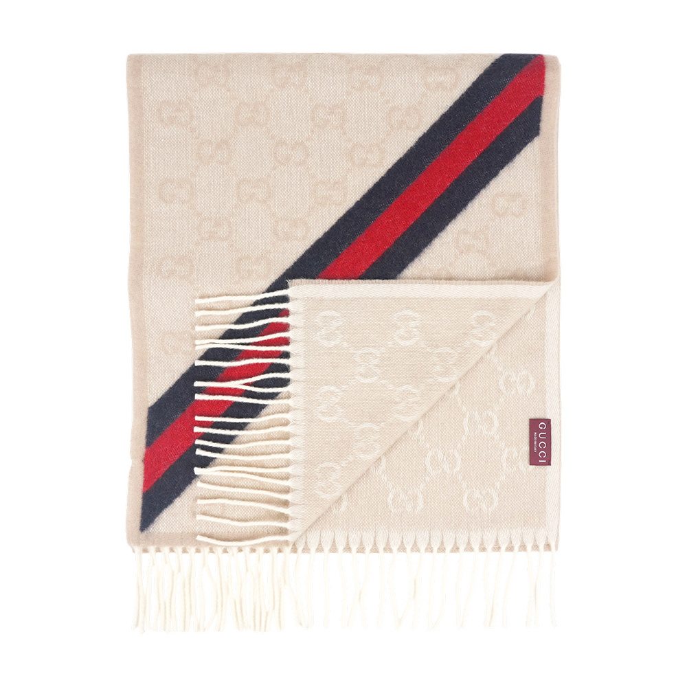 【GUCCI】GG Logo 藍紅斜條紋羊毛圍巾(米色)