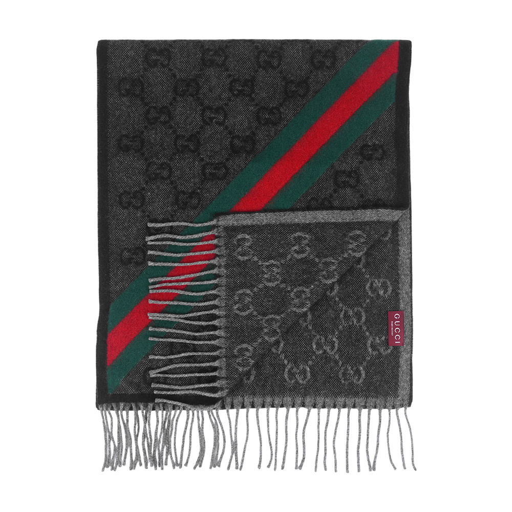 【GUCCI】GG Logo 綠紅斜條紋羊毛圍巾(黑色)