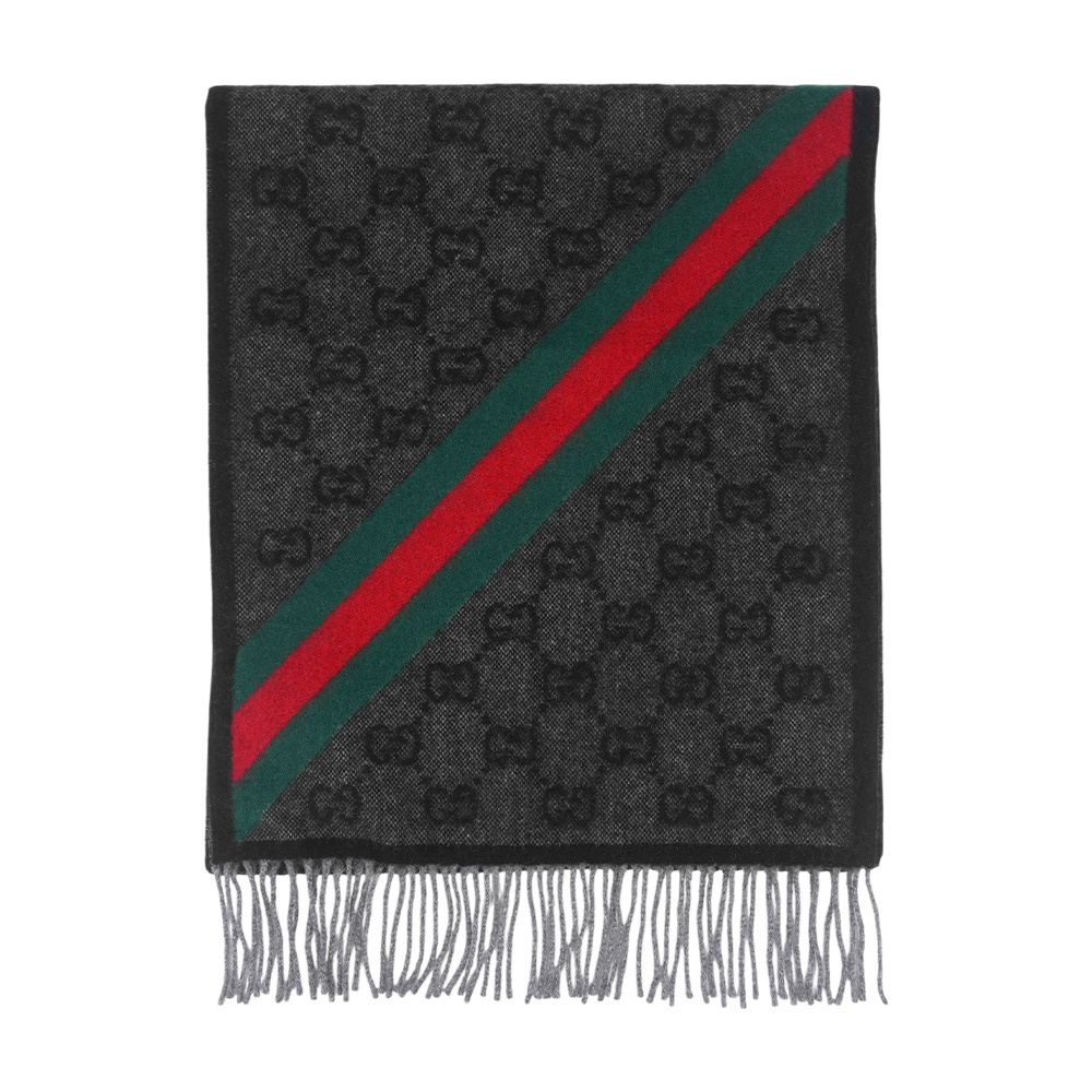 【GUCCI】GG Logo 綠紅斜條紋羊毛圍巾(黑色)