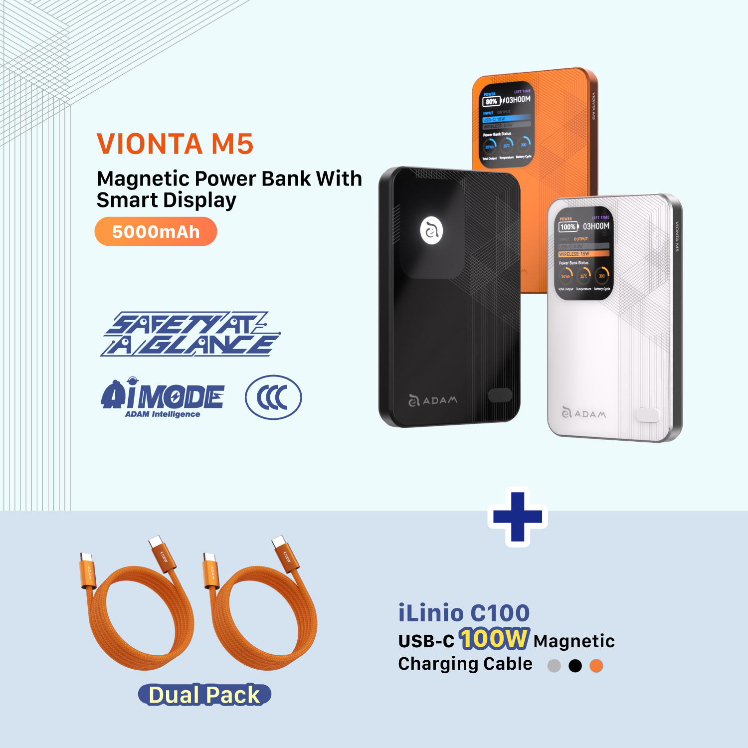 VIONTA M5 Magnetic Wireless Power Bank + iLinio C100 USB-C to USB-C 100W Magnetic Charging Cable (2-Pack)