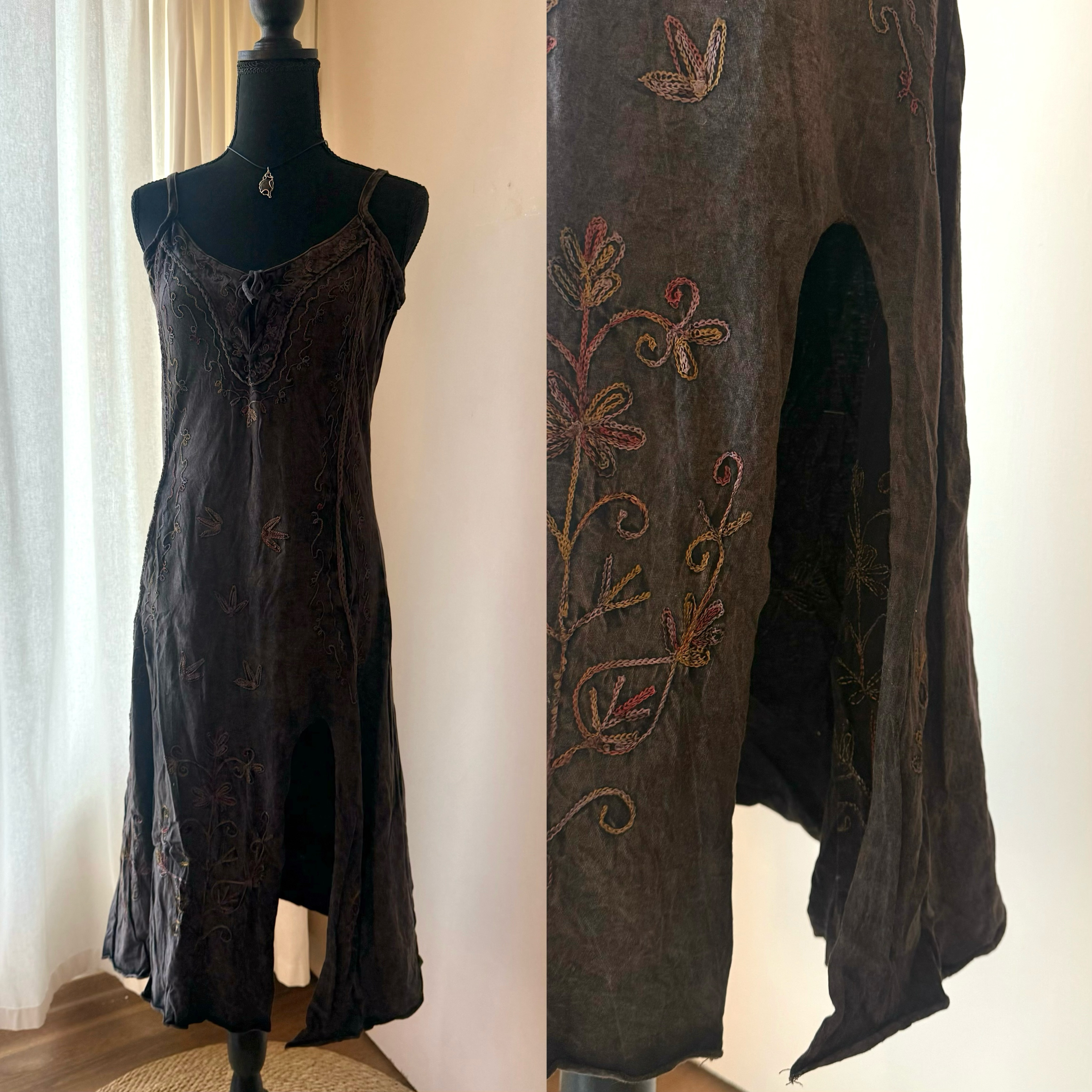 [原石] 尼泊爾手工服飾 植物染服飾 開衩長裙裝 咖啡色