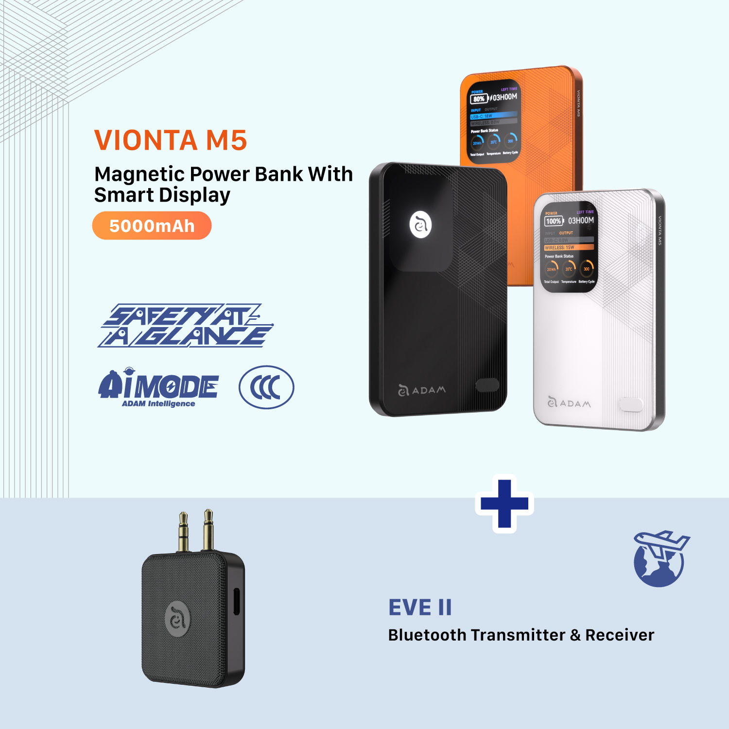 VIONTA M5 Magnetic Wireless Power Bank + EVE II Bluetooth Transmitter & Receiver