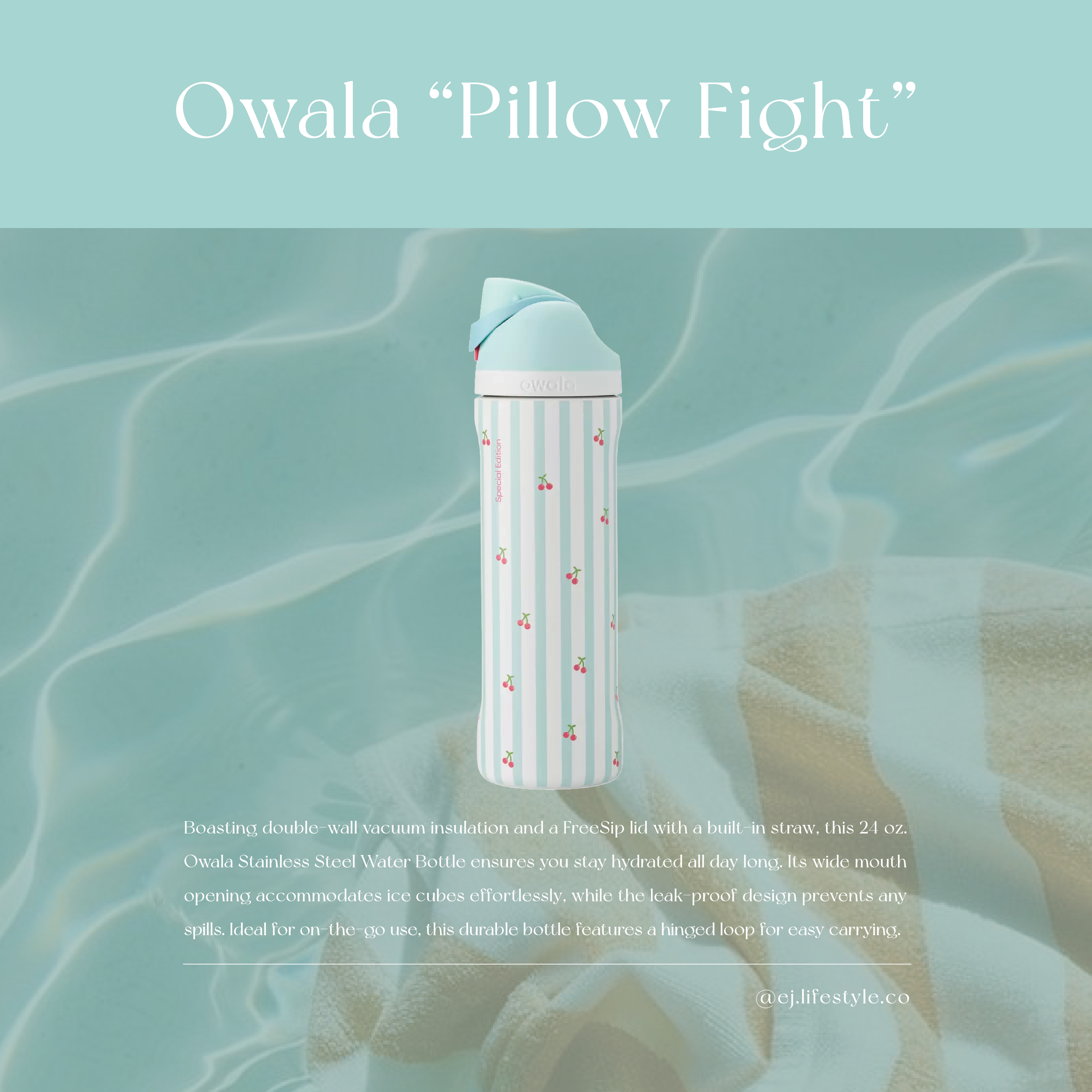 🇺🇸 OWALA FreeSip Stainless Steel Water Bottle "Pillow Fight" 櫻桃 條紋 薄荷綠 不鏽鋼保溫杯 直飲杯 吸管杯 24oz 710ml / 預購