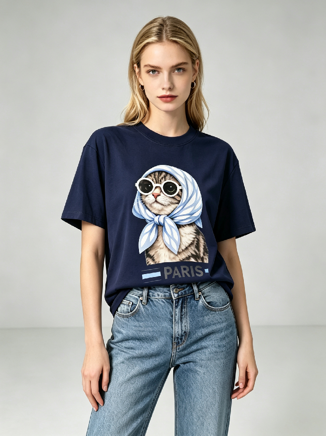 WC02 法國Lune de Moon Blue Bandana Cat Tee （深蓝）(2)