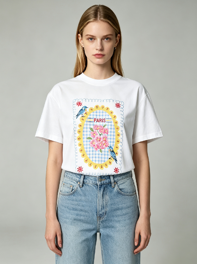 WC08 法國Lune de Moon Floral Bird Gingham Tee (8)