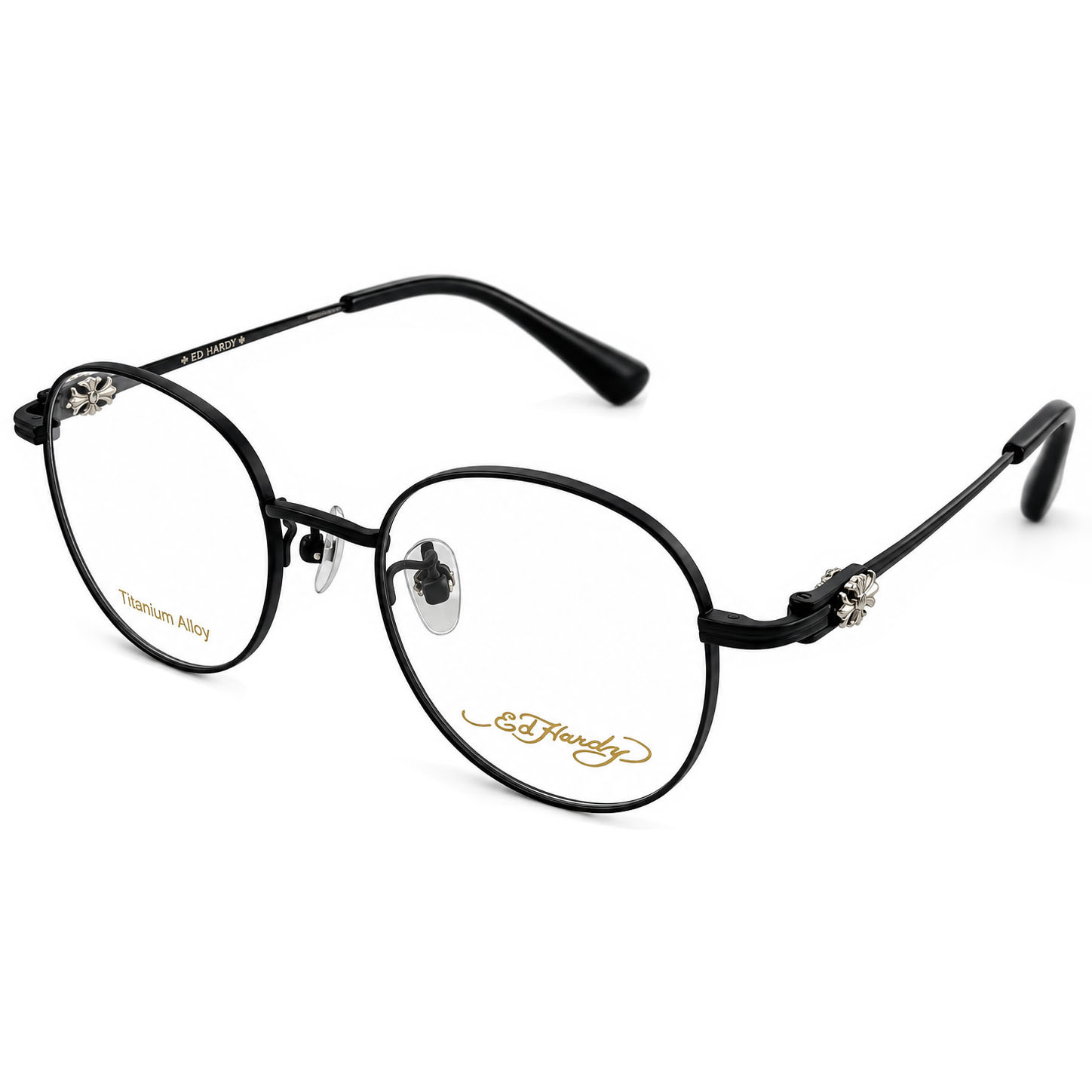【Ed Hardy】EH2089 C1 光學眼鏡#復古圓形經典十字#(霧黑+銀色配飾)