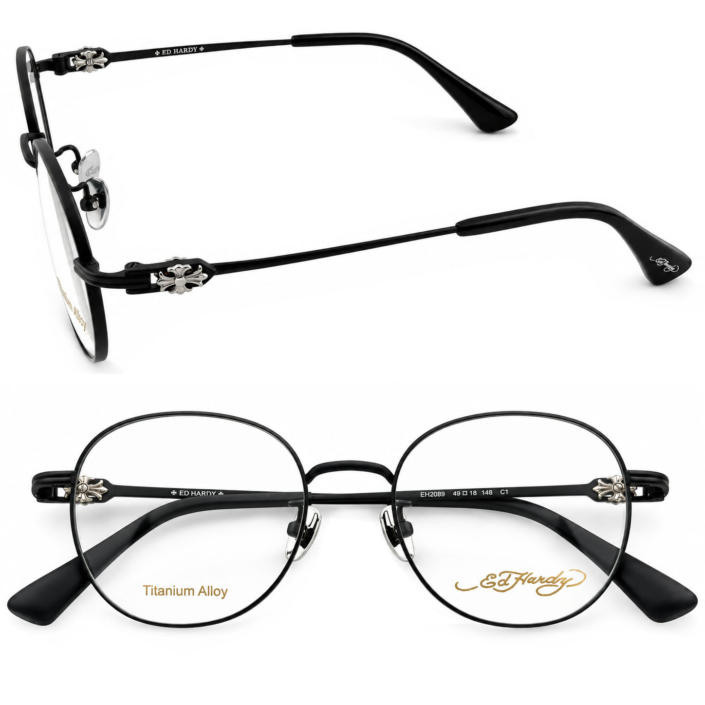 【Ed Hardy】EH2089 C1 光學眼鏡#復古圓形經典十字#(霧黑+銀色配飾)