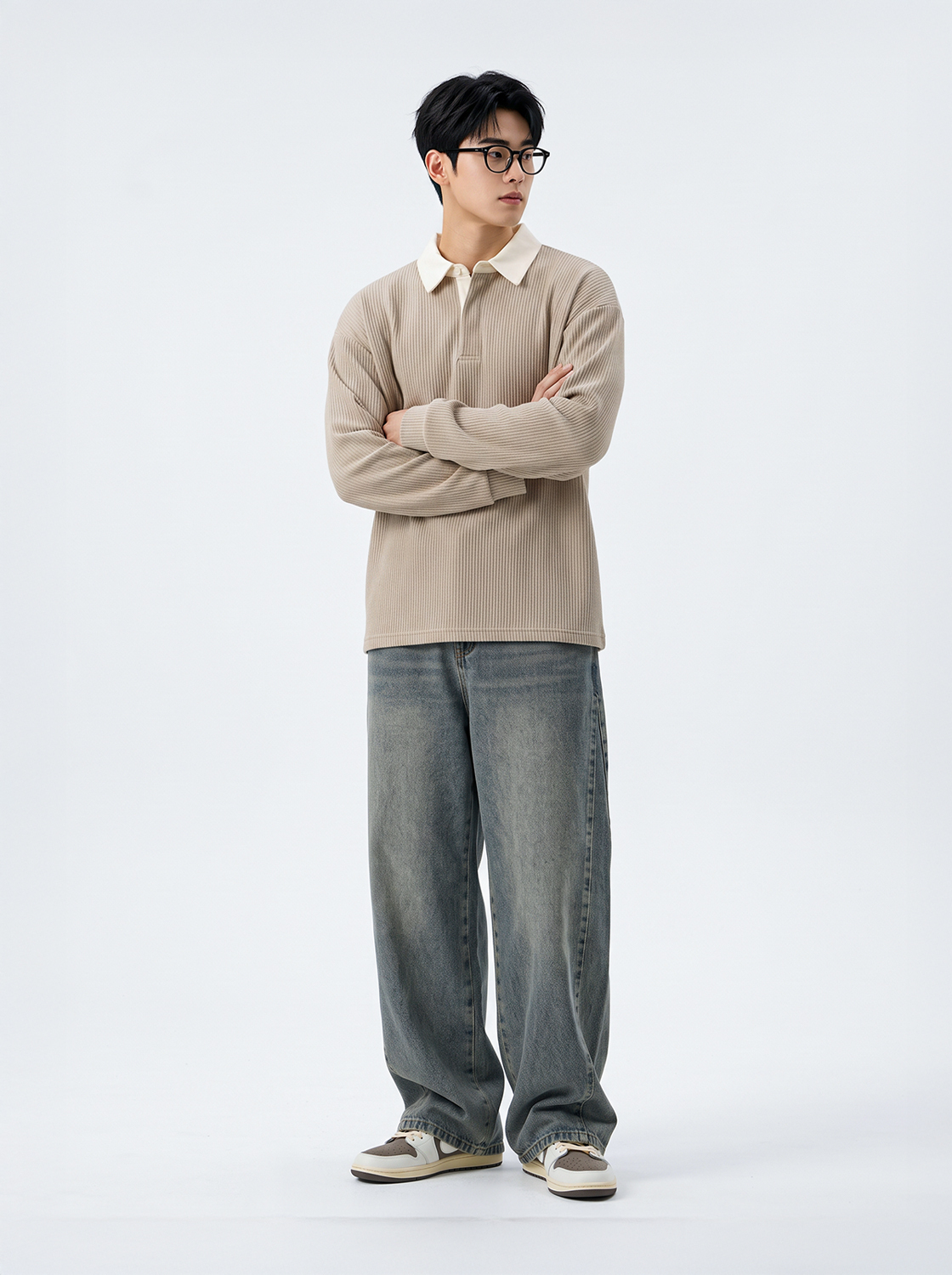 【期間限定】坑條肌理拼接翻領TEE