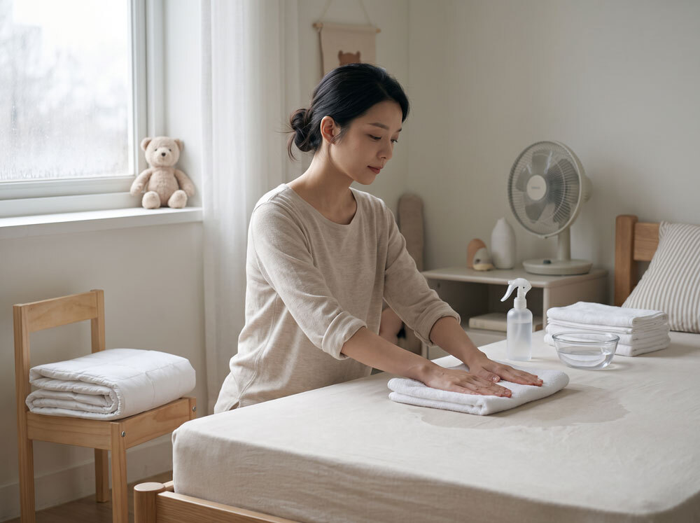 亞洲女性使用乾布擦拭濕掉的床墊