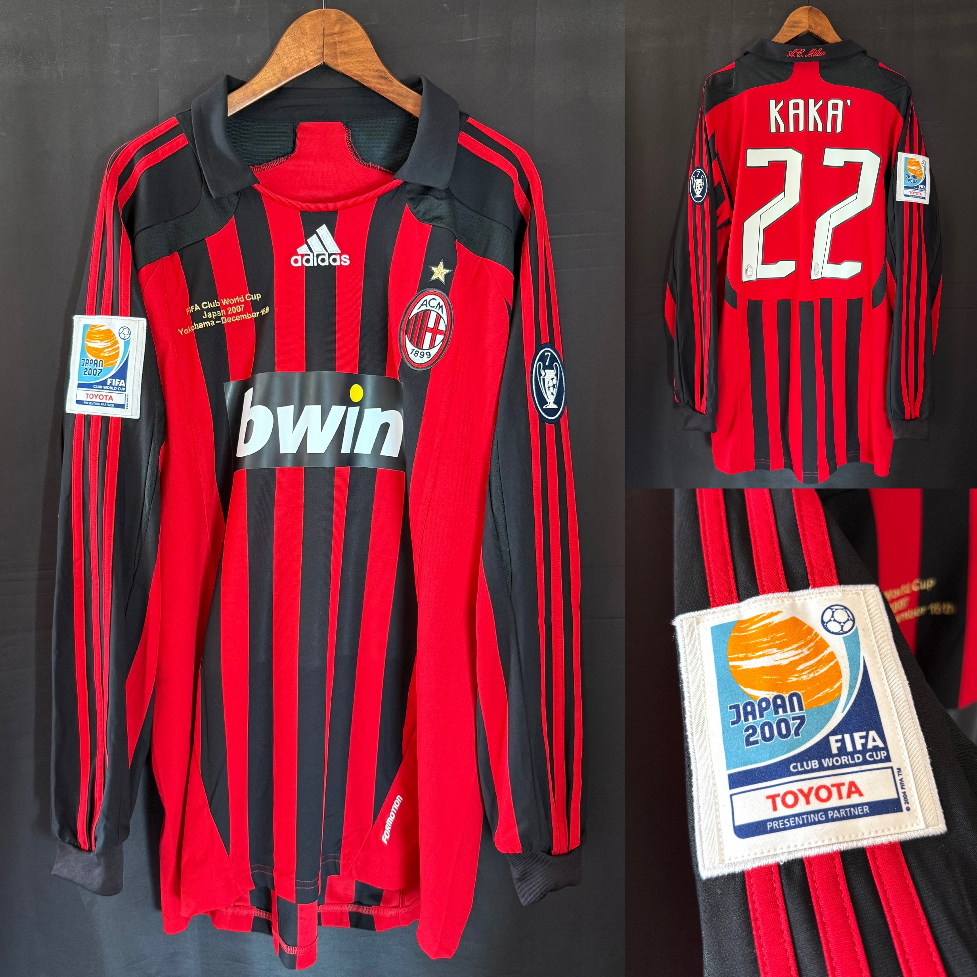 (Match Issue) AC Milan 2007 FIFA Club World Cup Japan Adidas L/S Home Match Issue Shirt #22 KAKA
