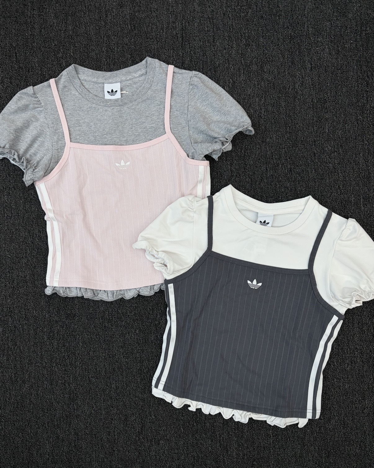 ADIDAS ORIGINALS SLIMS TEE 假兩件 泡泡袖 細肩背心 短T 短袖 疉穿 荷葉邊 花邊 三葉草 女款 深灰 LI5117 粉色 LI5118 / 調貨