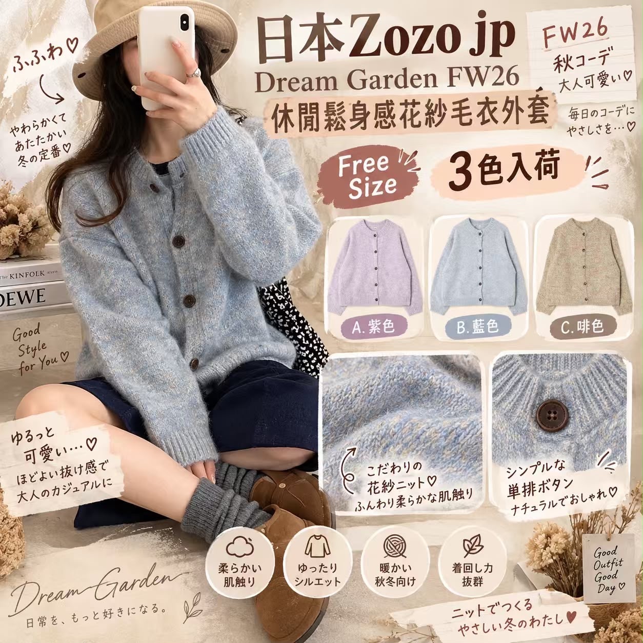 日本Zozo jp Dream Garden休閒鬆身感花紗毛衣外套