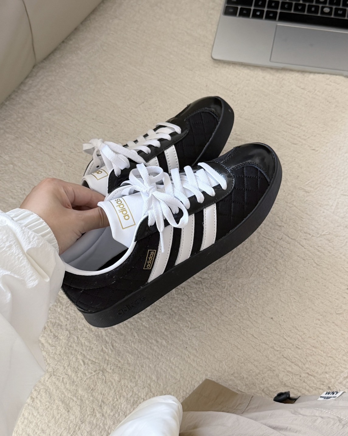 Adidas VL Court 皮革 菱格紋 圓頭 黑白