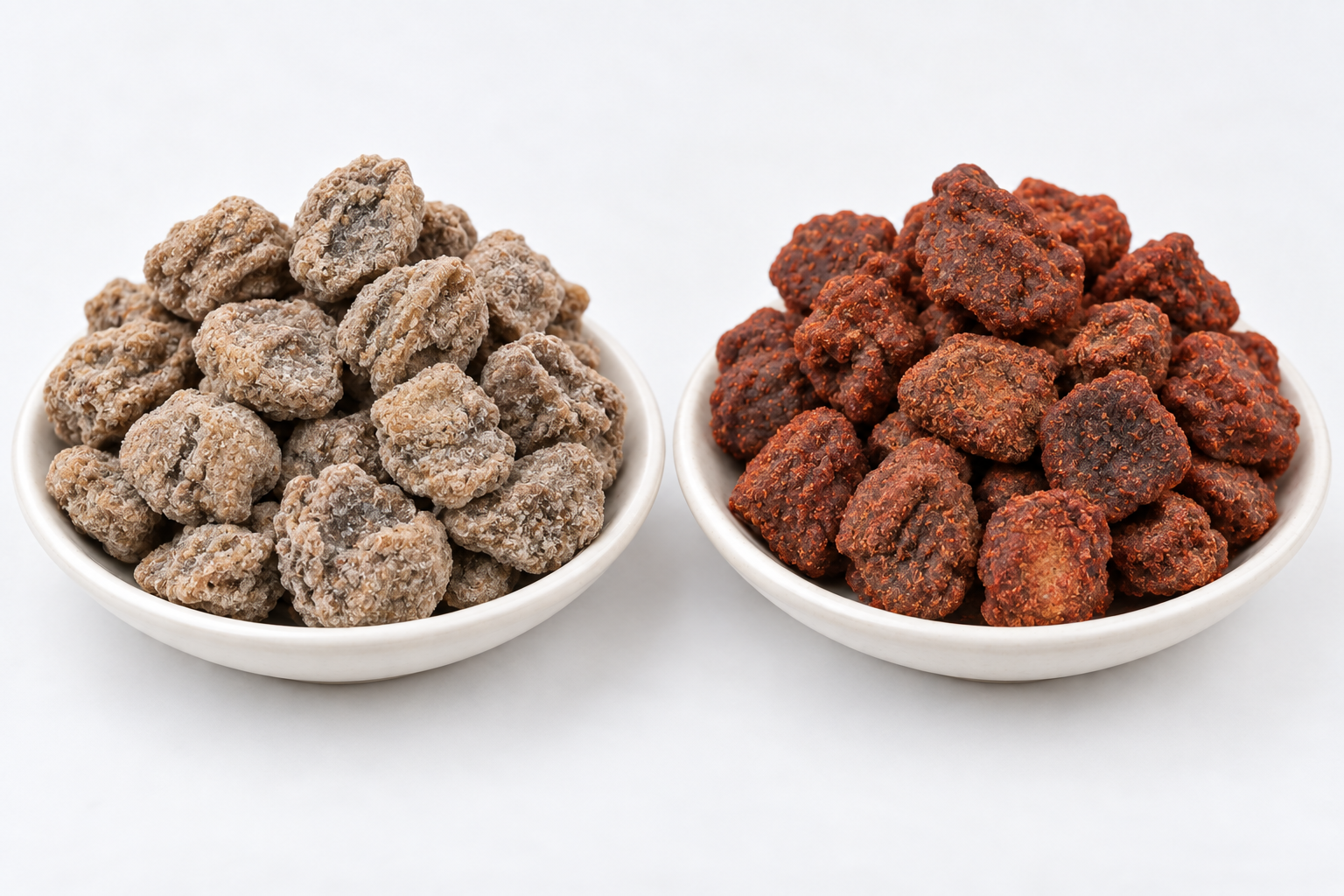 Illustrative white and red huamei appearance comparison; confirm reduced-salt specifications by sample