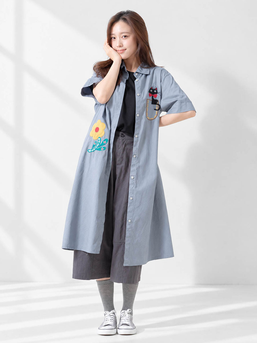 刺繡拼布洋裝拉克蘭袖素T打褶繭型寬褲組合