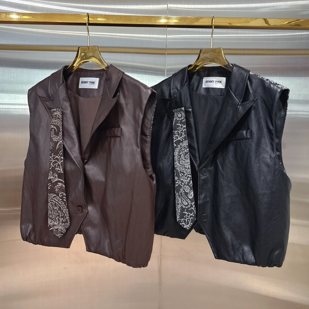 JAC-CCG0919-055 PU蛋白軟身滑皮拼洗水布馬甲 (A55啡色/B55黑色)