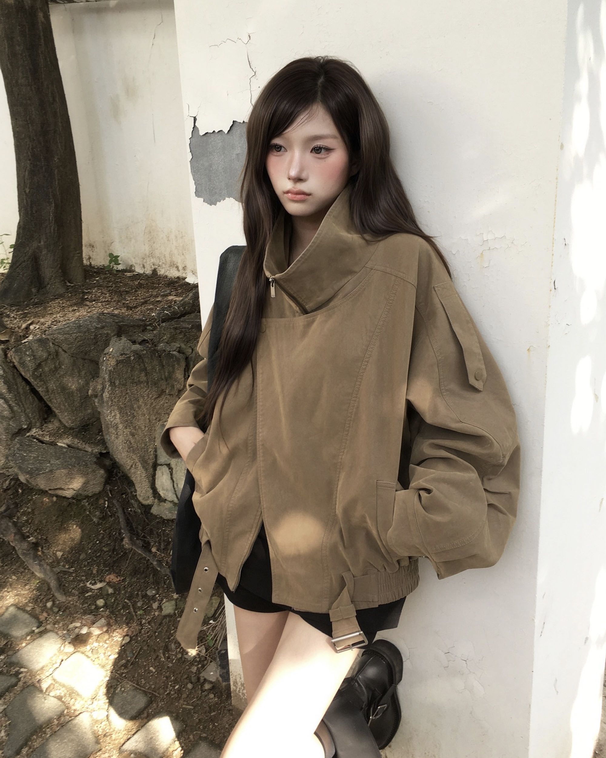 <小眾女裝>MODIMOOD MOMU 韓國 仿舊皮革 斜片領 夾克 外套 三色