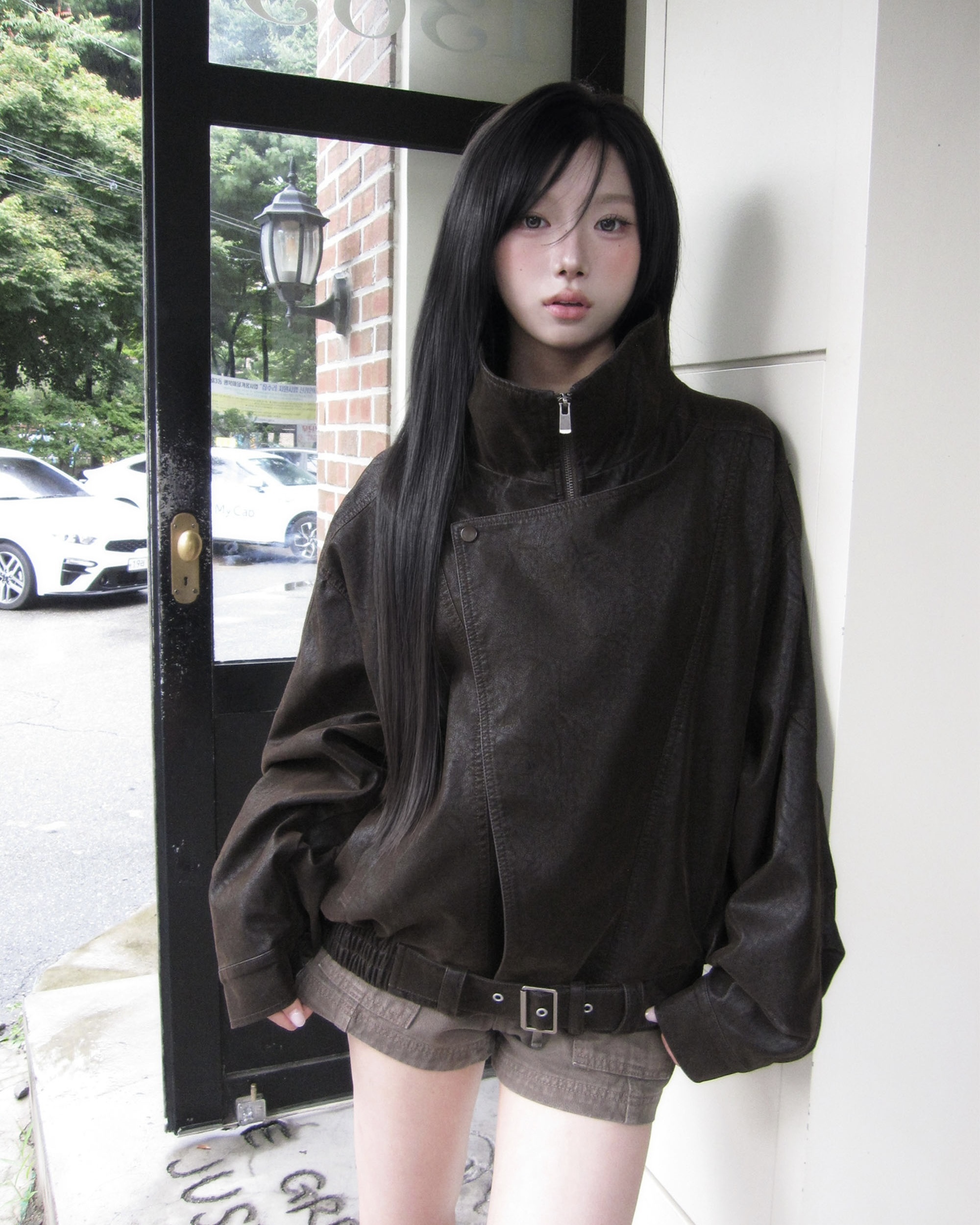 <小眾女裝>MODIMOOD MOMU 韓國 仿舊皮革 斜片領 夾克 外套 三色