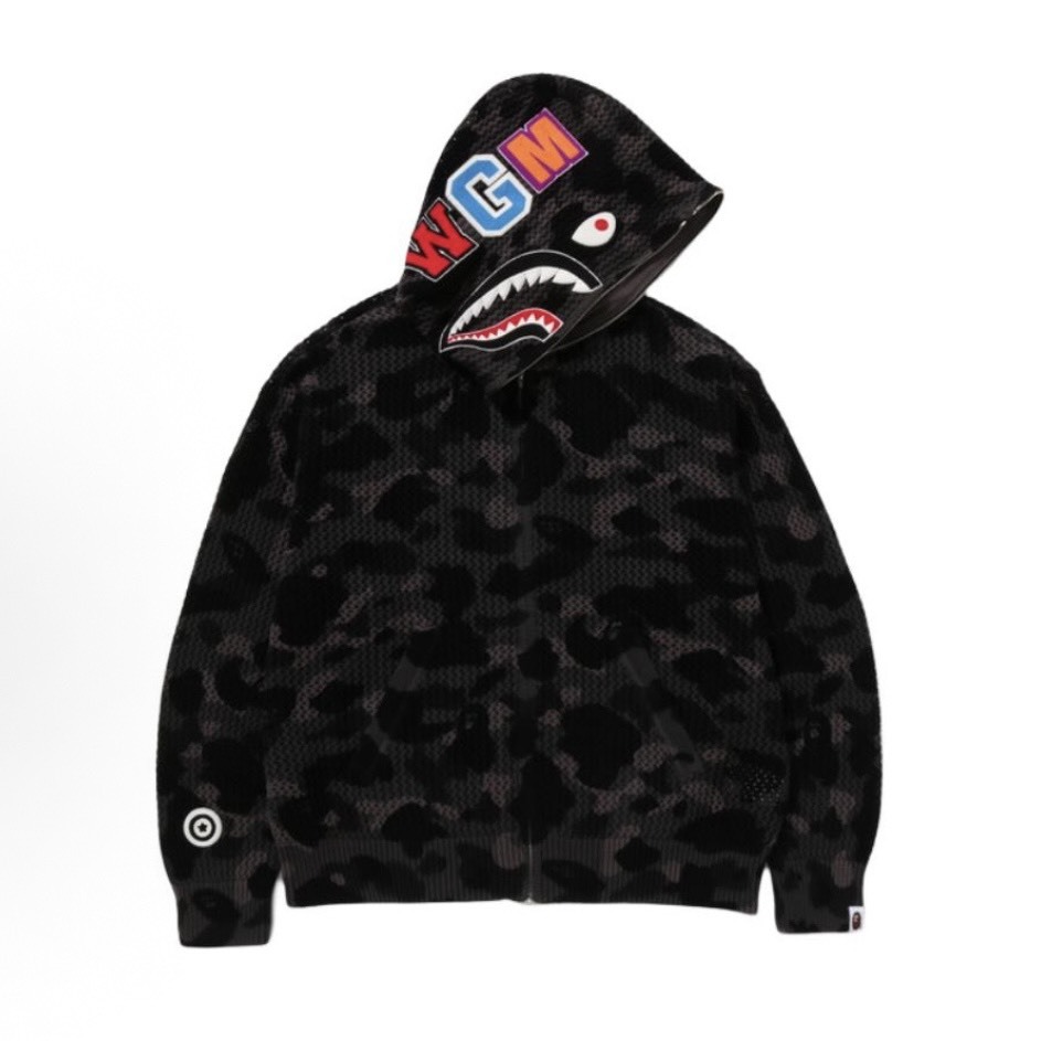 -(B09)-A BATHING APE BAPE COLOR CAMO CROCHET RELAXED FIT SHARK FULL ZIP UP HOODIE 針織 迷彩 鯊魚外套 黑色/深藍/紫色-1M70115306