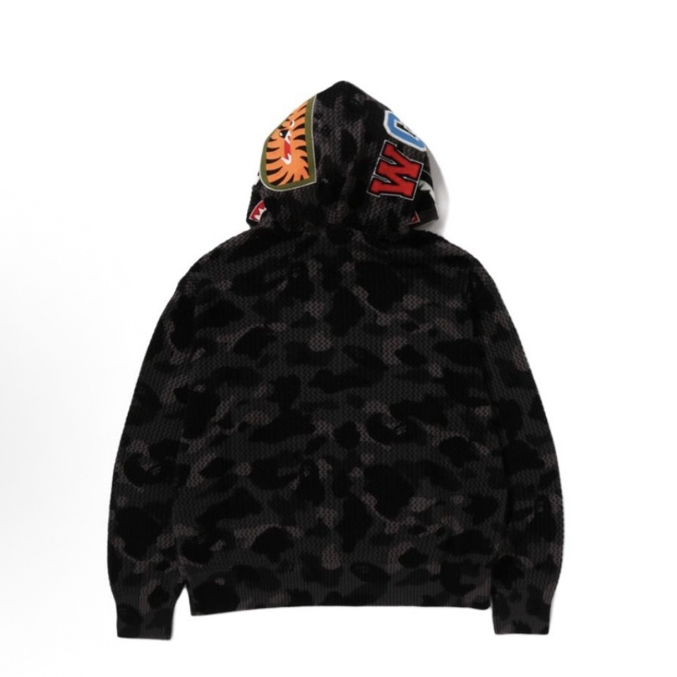 -(B09)-A BATHING APE BAPE COLOR CAMO CROCHET RELAXED FIT SHARK FULL ZIP UP HOODIE 針織 迷彩 鯊魚外套 黑色/深藍/紫色-1M70115306