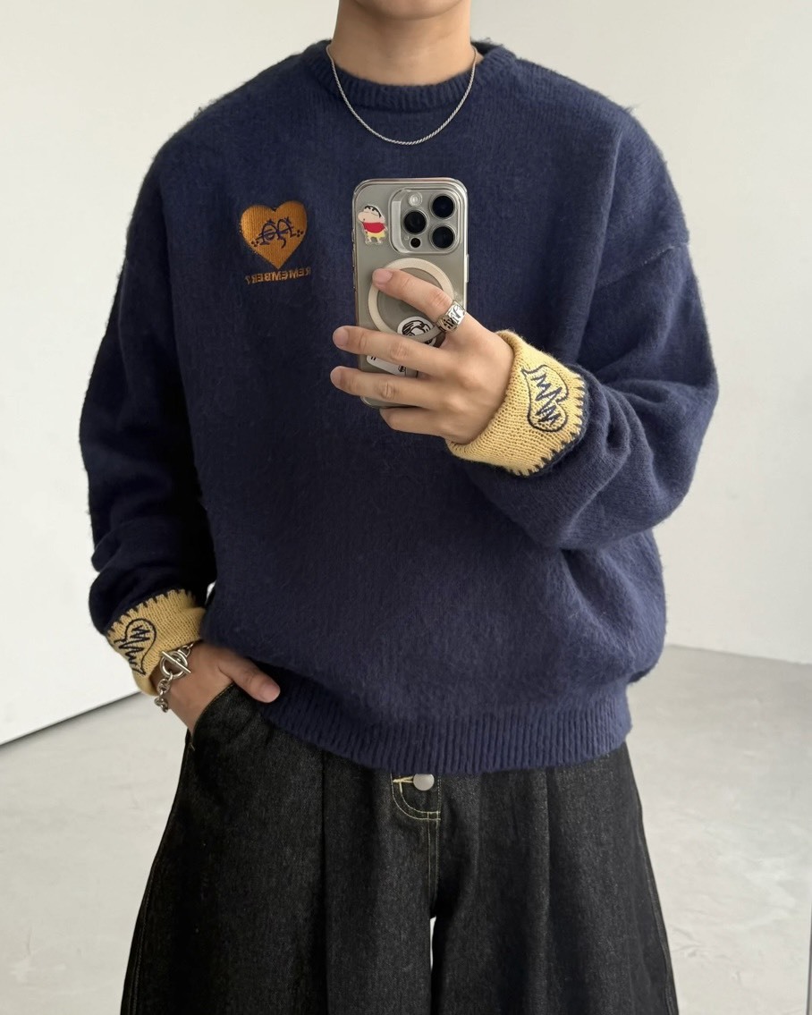 日本 Remember Mohair Knit 愛心 手袖 刺繡 塗鴉 針織 毛衣 長袖 三色