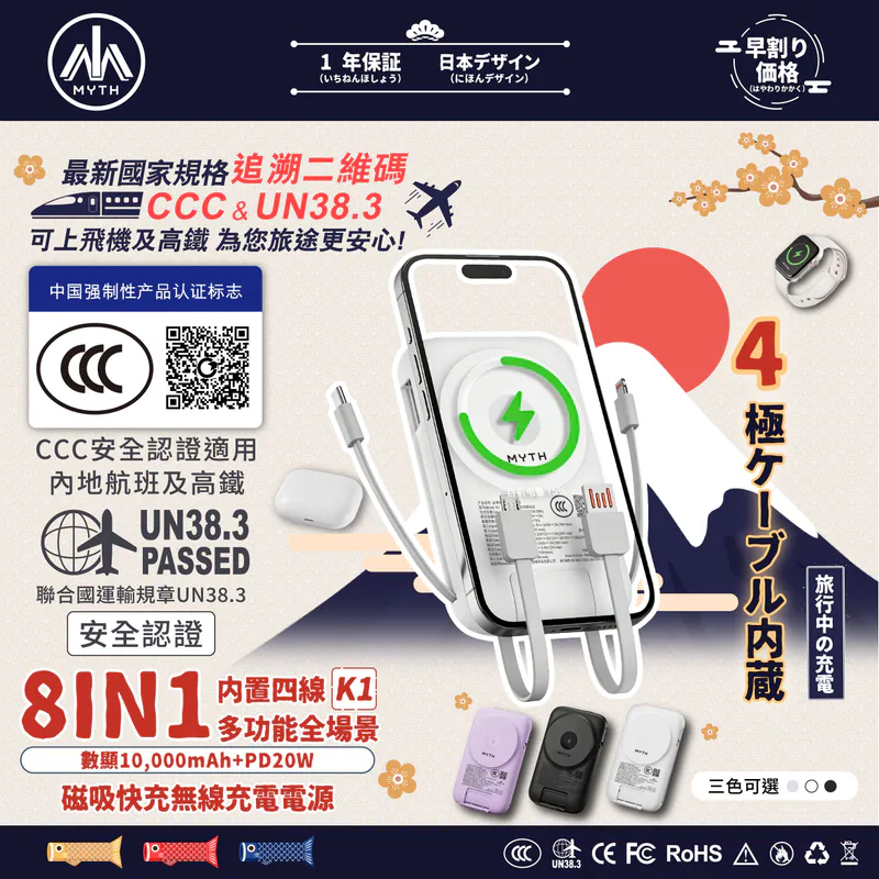 (3C可追溯二維碼)Myth 8合1(K1)移動電源10000mAh PD3.0 | 磁吸15W | 自帶4線支援多設備 - Black