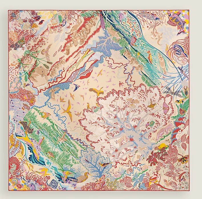 Rewilding nature scarf 100%soie 90x90cm rouge / vert / multicolore