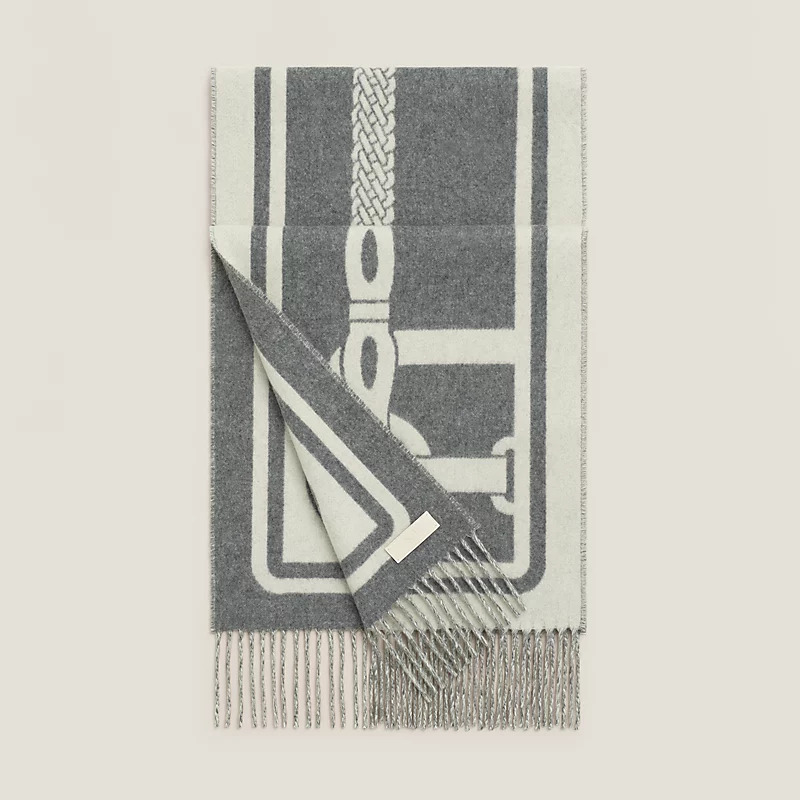 HERMES Petite Casaque Coaching Muffler Ivoire / Gris Flanelle