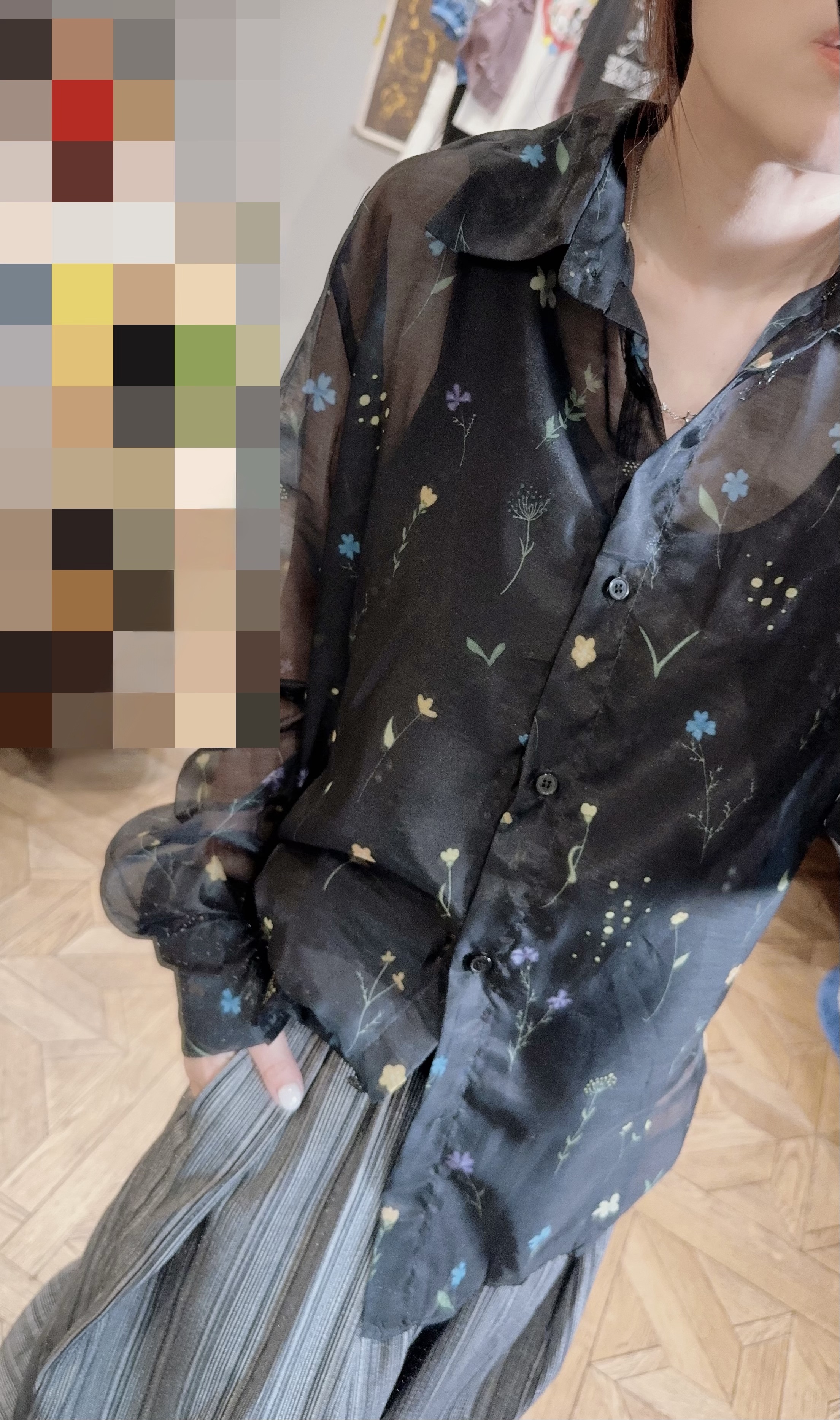 花卉透膚長袖襯衫