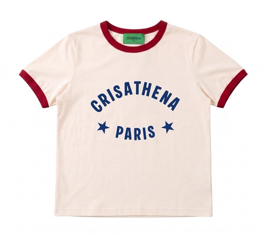 Crisathena  CT-CH2627-WHT_RED  Paris Twins Star Slim-fit T-Shirt in White,Red -M