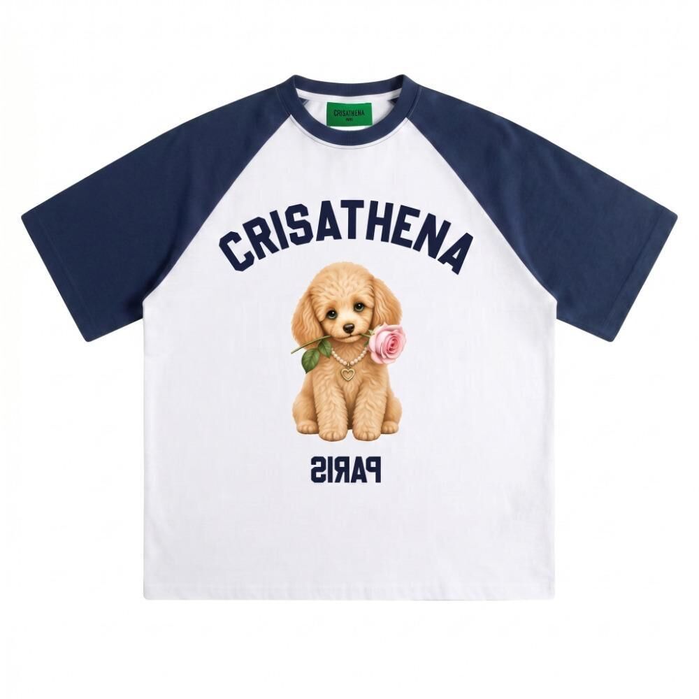 Crisathena CT-CH2663-WHT_NVY Crisathena Toy Poodle and Rose T-Shirt in White,Navy -M