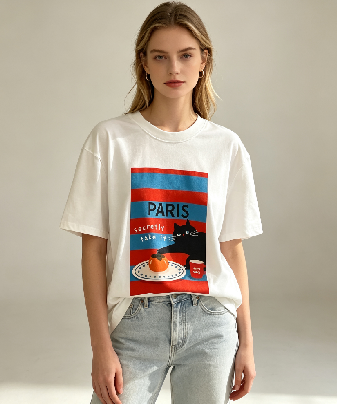 WC41 法國Lune de Moon Striped Cat Graphic Tee (44)