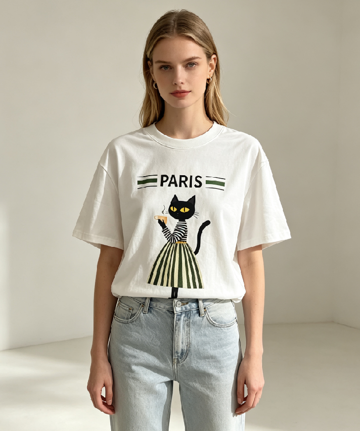 WC42 法國Lune de Moon Striped Lady Cat Graphic Tee(45)