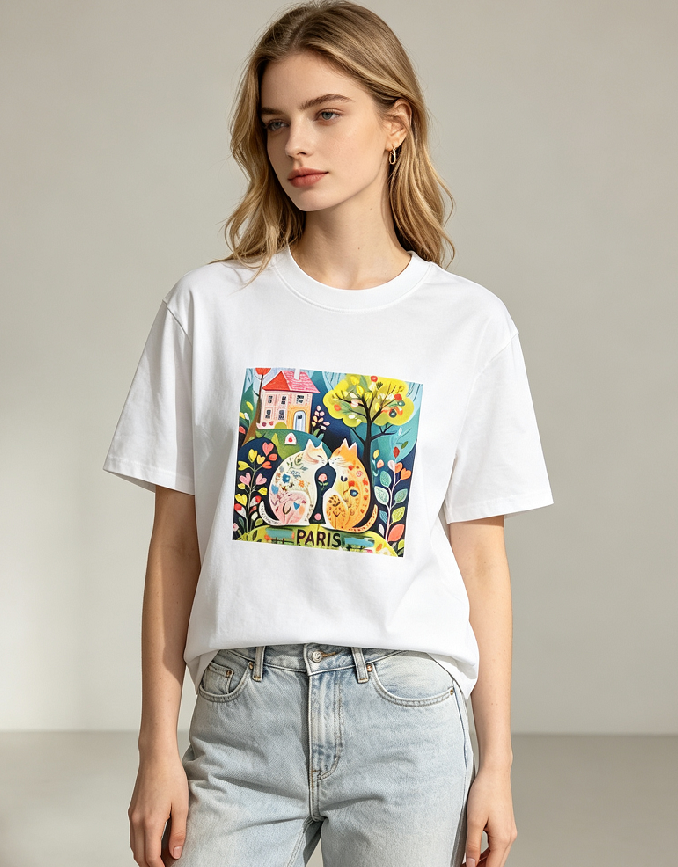 WC64 法國Lune de Moon Folk-Art Two-Cats Cottage Tee(87)