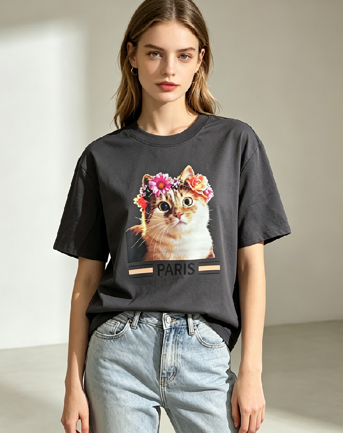 WC65 法國Lune de Moon Flower Wreath Cat Tee(140)