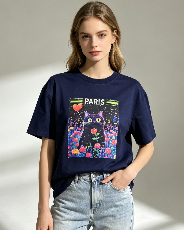 WC75 法國Lune de Moon Starry Floral Black Cat Tee(150)