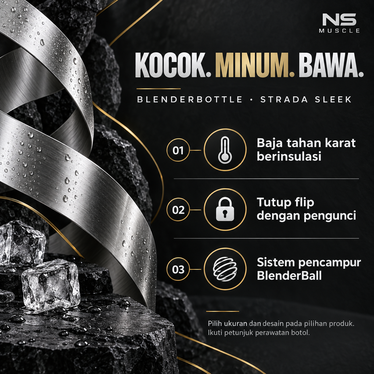 【Bonus Sleeve Botol Terbatas】BlenderBottle Strada Sleek 25 oz Shaker Stainless Steel Berinsulasi【Warner – Jangan Jatuhkan Barbel】 Features ID