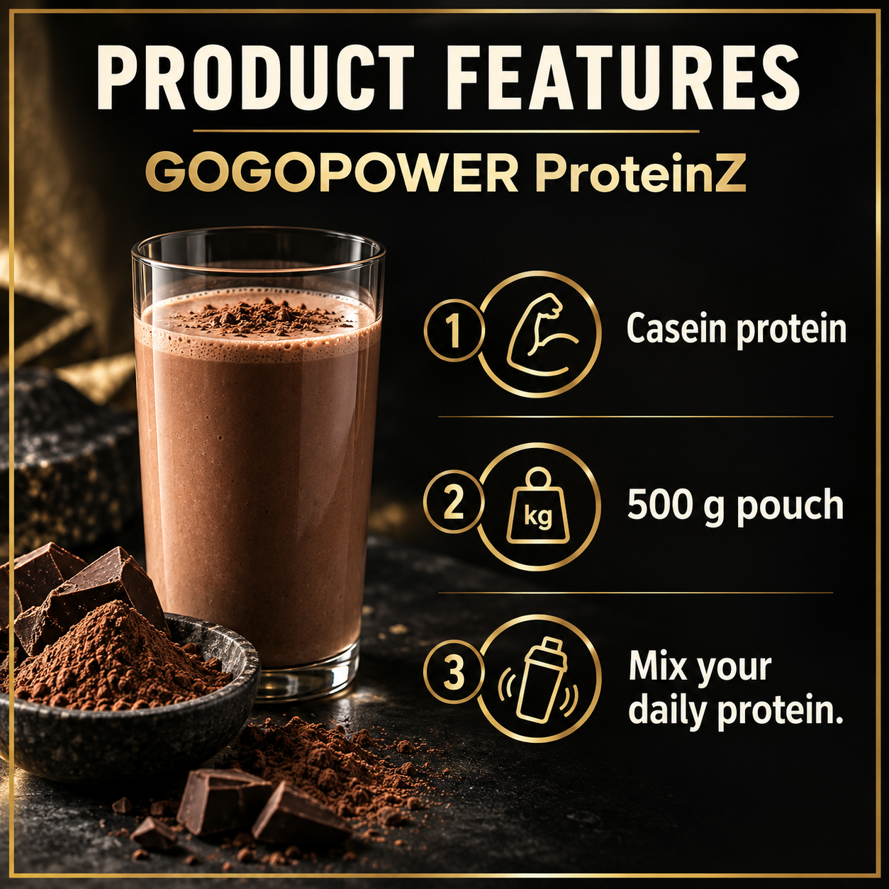 GogoPower ProteinZ Casein Protein 500 g Features EN
