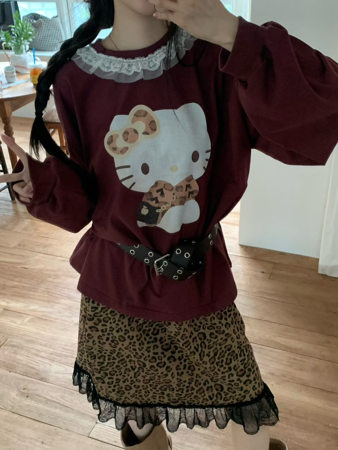 豹紋kitty蕾絲領衛衣