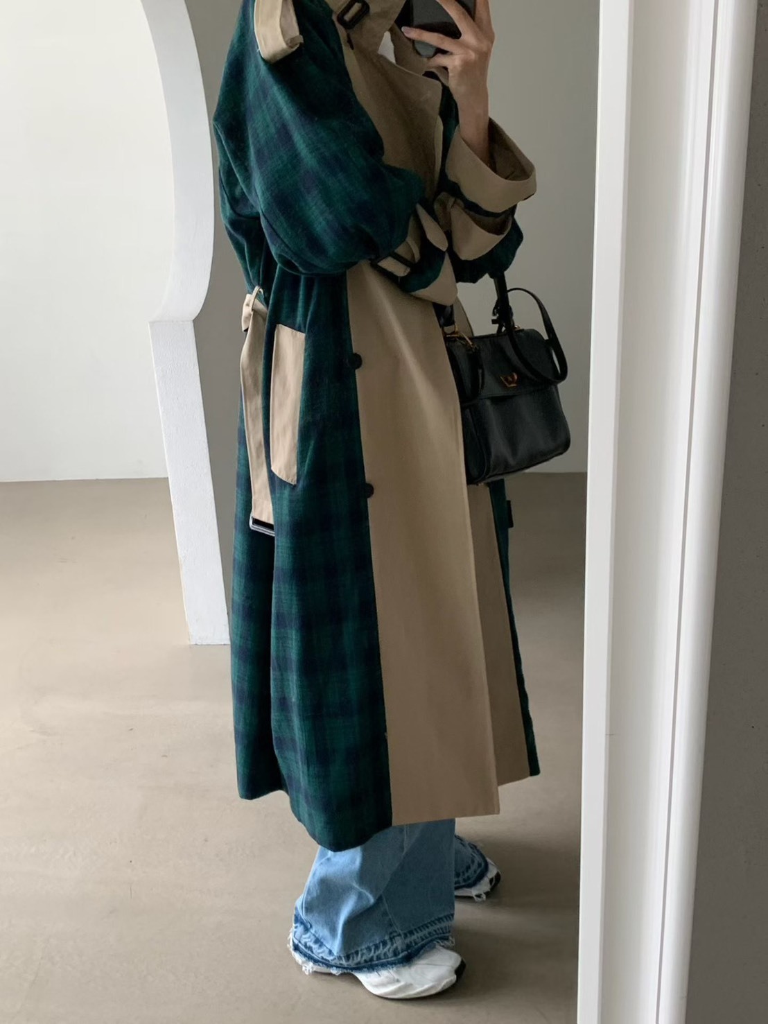 拚格子長版風衣