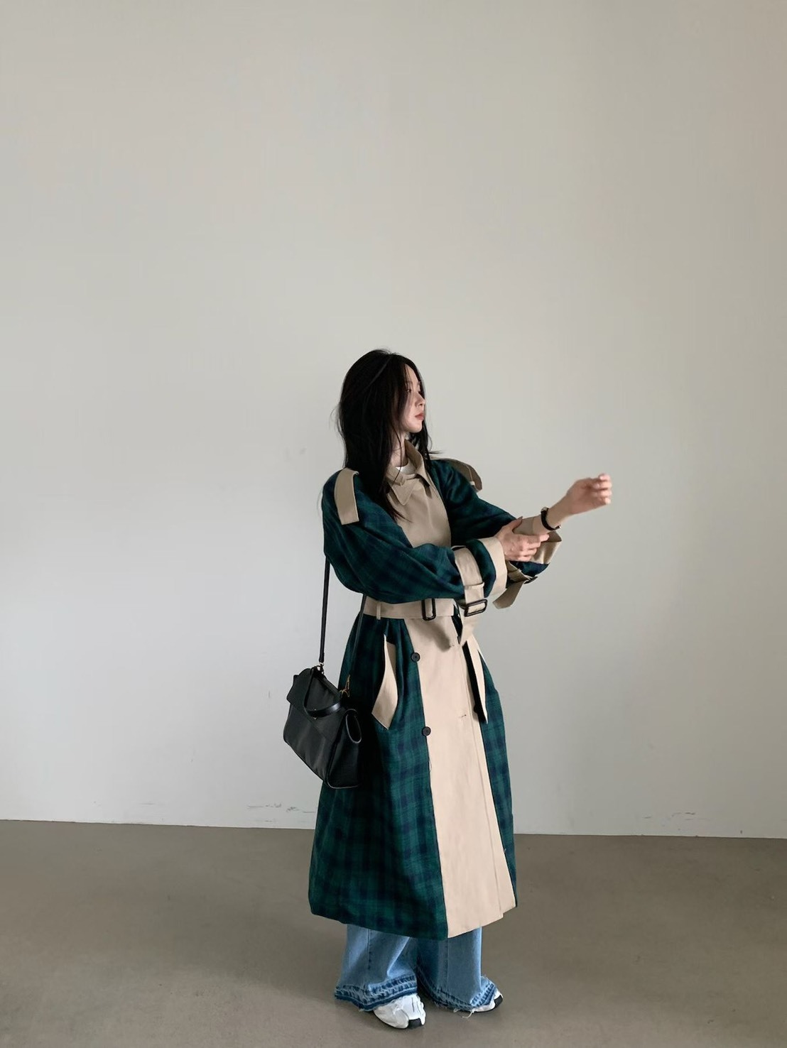拚格子長版風衣