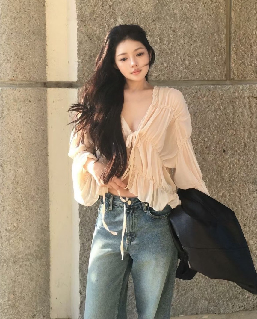 抓褶開襟綁帶雪紡上衣