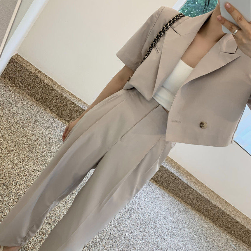 短版西裝外套+高腰褲(2件組)(卡其/深藍)