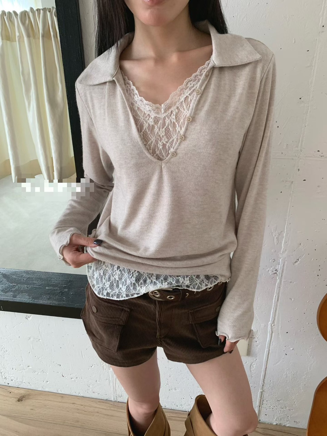 有領蕾絲內裡長袖T