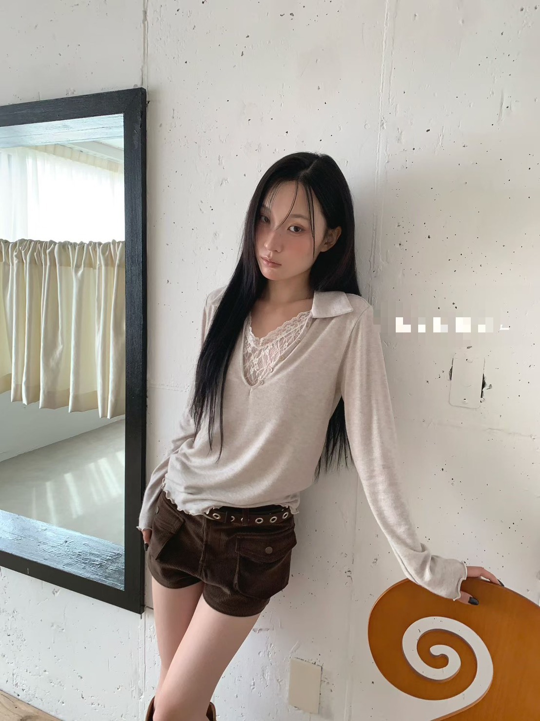 有領蕾絲內裡長袖T