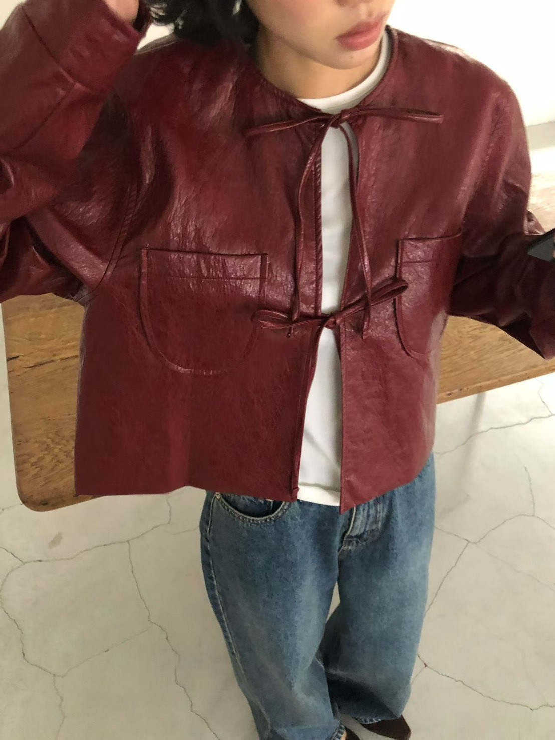 綁蝴蝶結開襟皮質外套